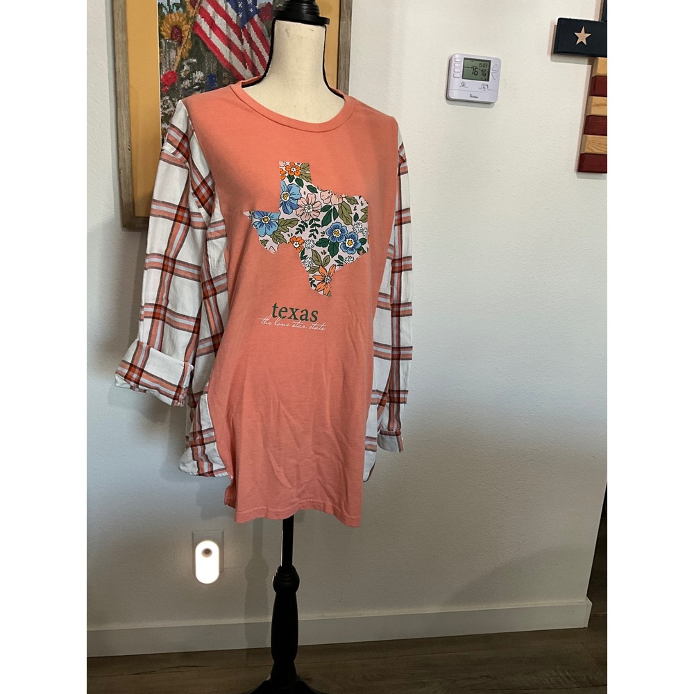 Home Free Texas Floral Graphic Upcycled Plaid Flannel Mixed Media Top 2XL